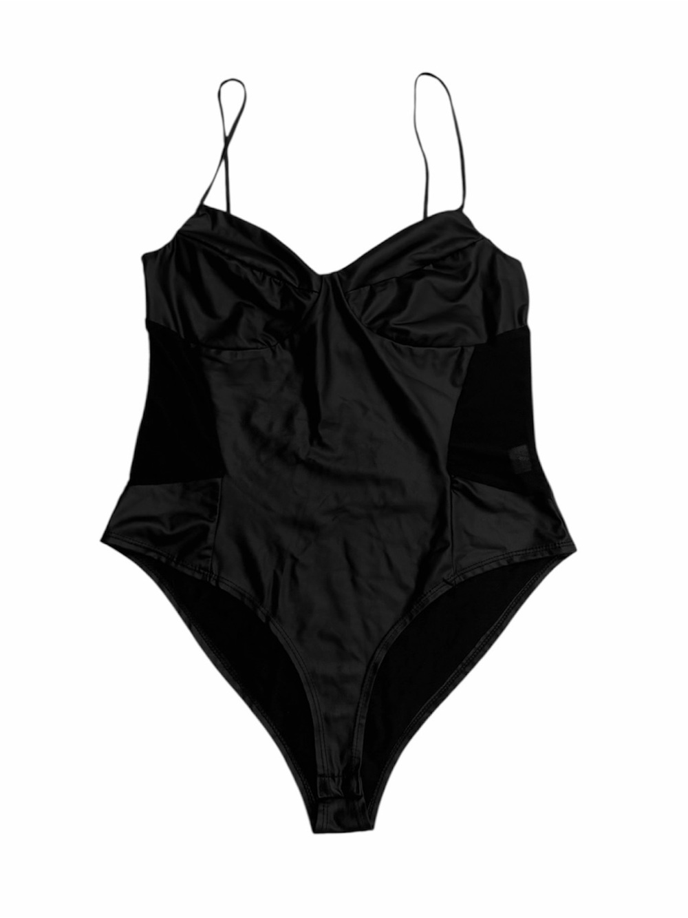 Foux Leather Black Bodysuit with Mesh Detail Size L - Made in USA